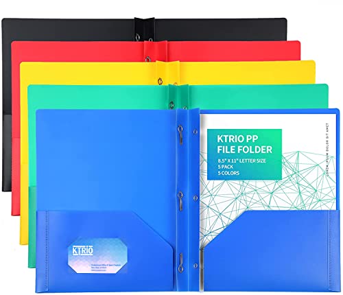 KTRIO Plastic Pocket Folders with Prongs, 5 Pack 2 Pocket Folders 3 Prong Folders with Pockets and Brads Heavy Duty Letter Size Colored Plastic Folders with Pocket and Prong for School Office Home