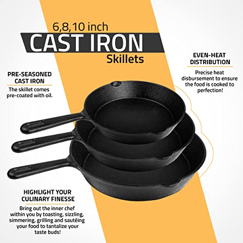 Utopia Kitchen - Saute fry pan - Pre-Seasoned Cast Iron Skillet Set 3-Piece - Nonstick Frying Pan 6 Inch, 8 Inch and 10 Inch Cast Iron Set (Black) - Image 8