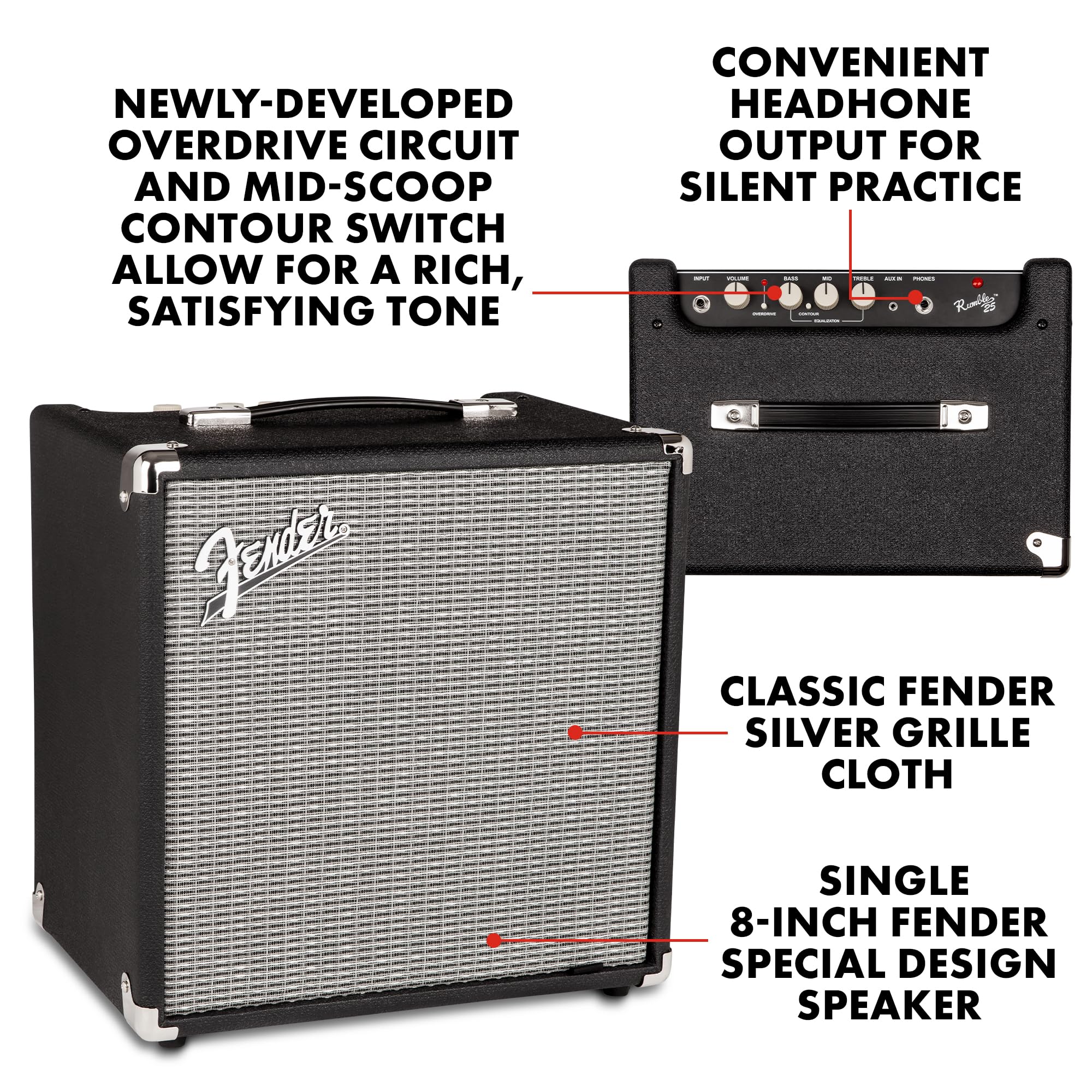Fender Rumble 25 V3 Bass Amp for Bass Guitar, Bass Combo, 25 Watts, with 2-Year Warranty 8 Inch Speaker, with Overdrive Circuit and Mid-Scoop Contour Switch - Image 7